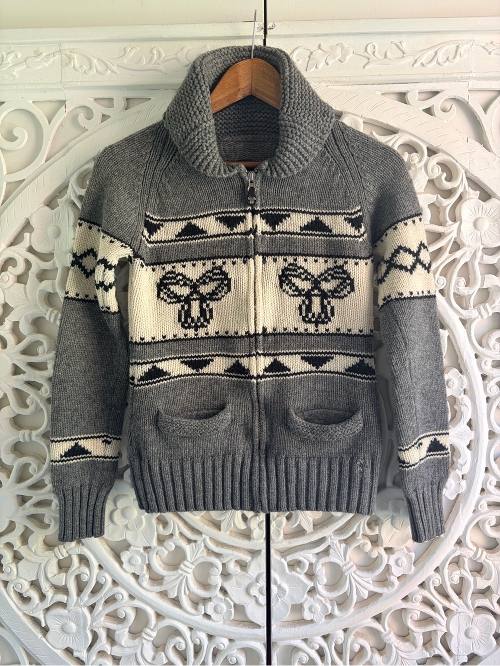TNA 100% Lambswool Logo Zip Up Wool Sweater Medium